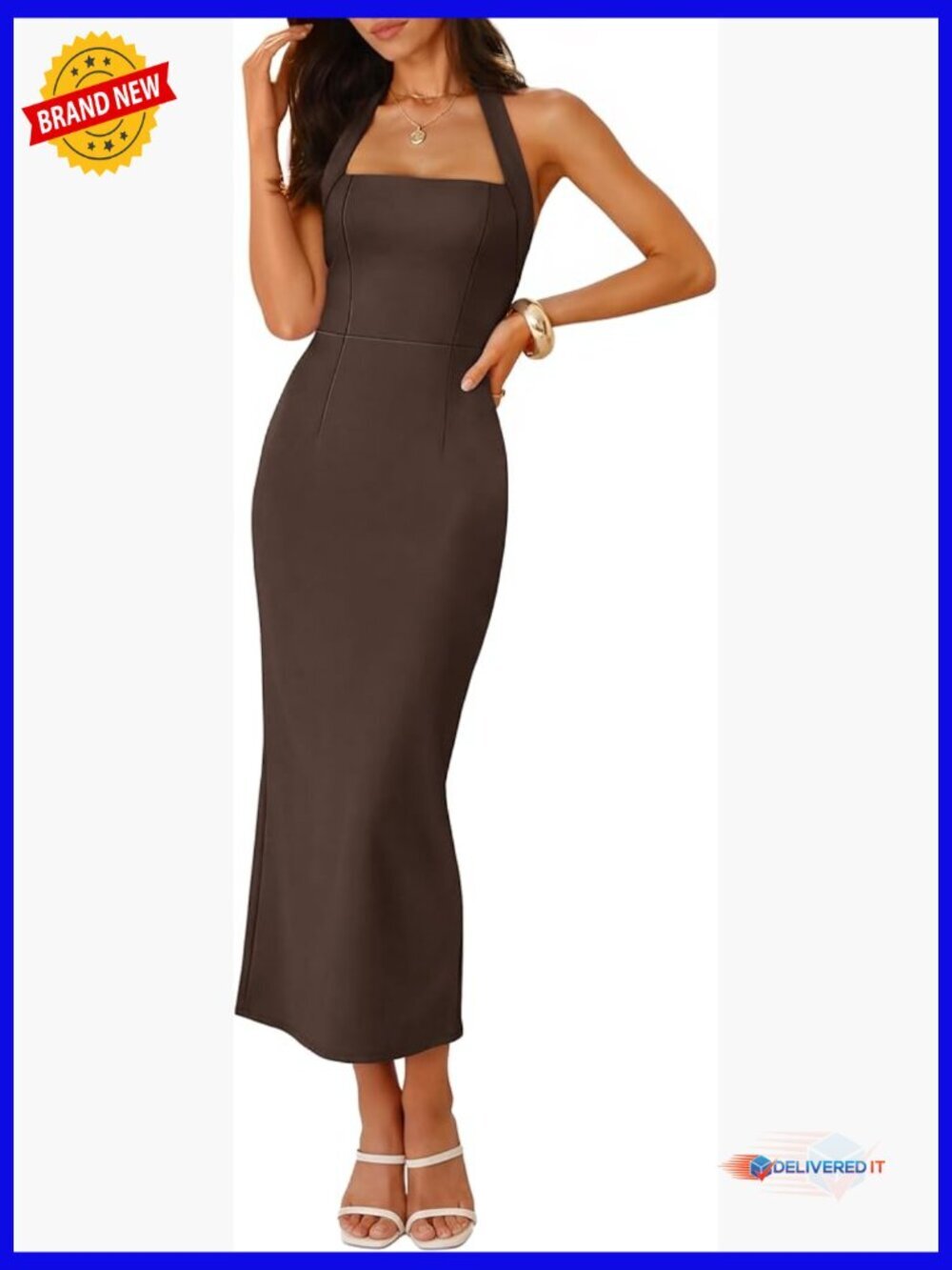 Sleeveless Halter Midi Dress Backless Bodycon Cocktail Wedding Guest